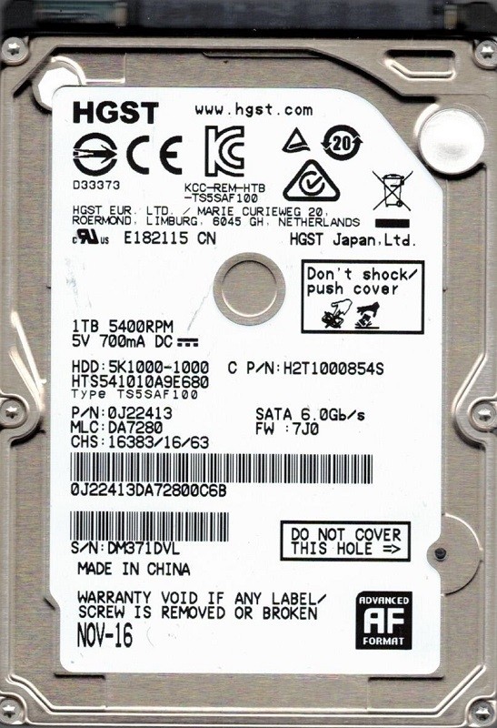 HTS541010A9E680 P/N: 0J22413 MLC: DA7280 HGST 1TB