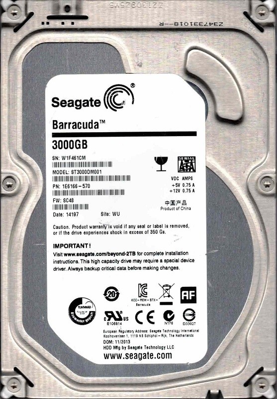 ST3000DM001 P/N: 1E6166-570 F/W: SC48 WU W1F Seagate 3TB