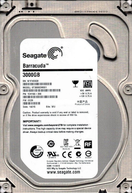 ST3000DM001 P/N: 1CH166-306 F/W: CC29 WU W1F Seagate Desktop HDD 3TB