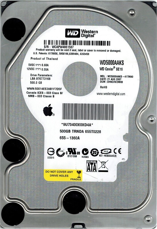 Western Digital WD5000AAKS-41TMA0 MAC 655-1360A DCM: DHNCHV2MHB 500GB