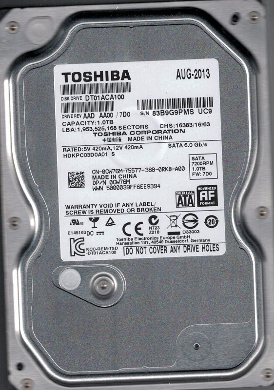 DT01ACA100  AAD AA00/7D0 China Toshiba 1TB