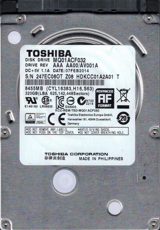 MQ01ACF032 AAA AA00/AV001A Toshiba 320GB Laptop Hard Drive