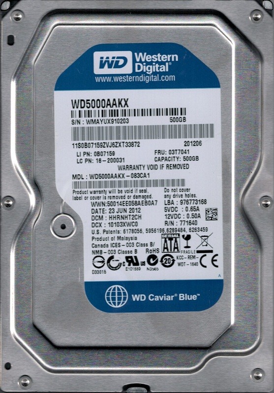 WD5000AAKX-083CA1 DCM: HHRNHT2CH WMAYU Western Digital 500GB
