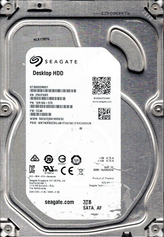 ST3000DM001 P/N: 1ER166-570 F/W: CC46 TK Z50 JUN 2016 Seagate 3TB