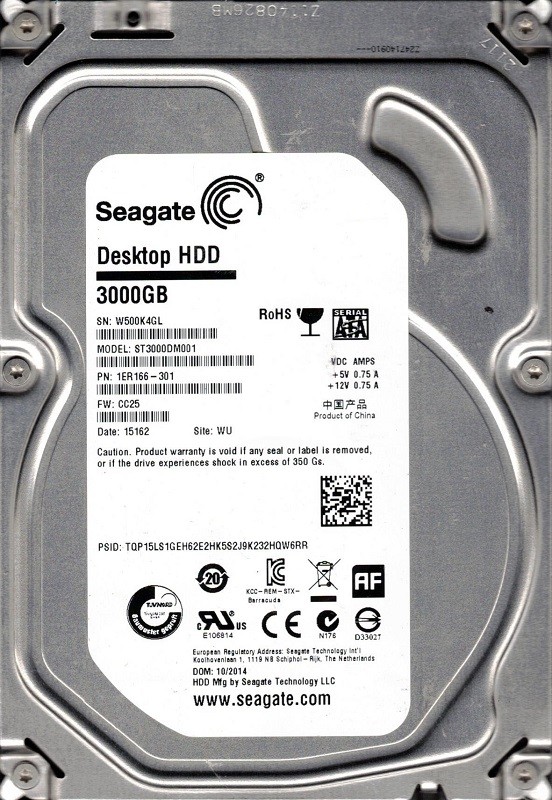 ST3000DM001 P/N: 1ER166-301 F/W: CC25 WU W50 Seagate 3TB