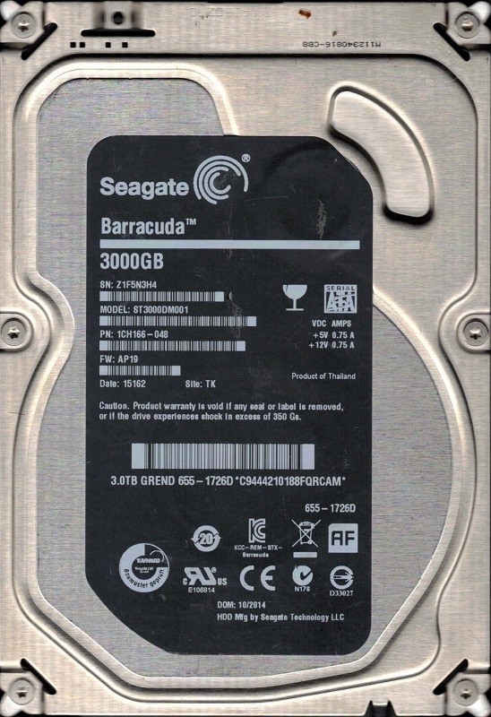 ST3000DM001 P/N: 1CH166-048 F/W: AP19 TK Z1F APPLE 655-1726D Seagate 3TB