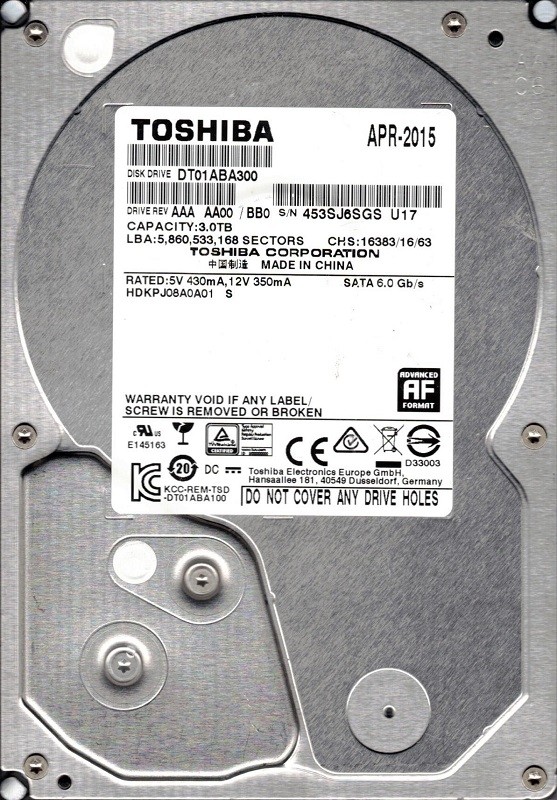 DT01ABA300 AAA AA00/BB0 HDKPJ08A0A01 S China APR 2015 Toshiba 3TB