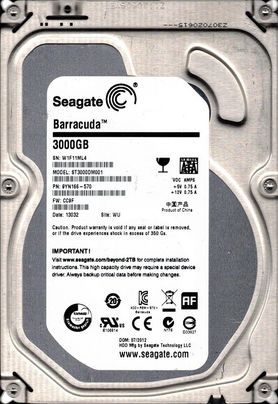 ST3000DM001 P/N: 9YN166-570 F/W: CC9F WU W1F Seagate 3TB