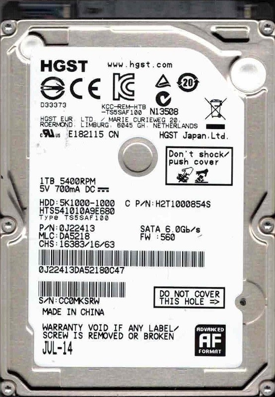 HTS541010A9E680 P/N: 0J22413 MLC: DA5218 China HGST 1TB