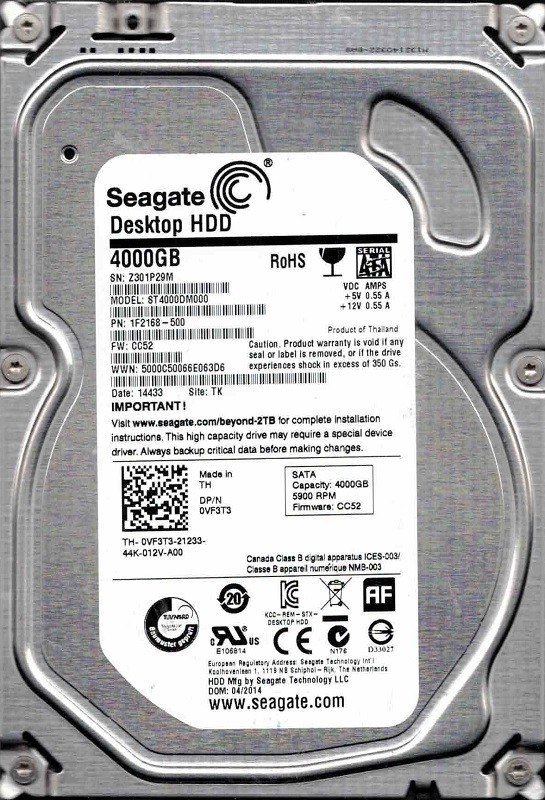 ST4000DM000 P/N: 1F2168-500 F/W: CC52 TK Z30 Thailand 04/2014 Seagate 4TB