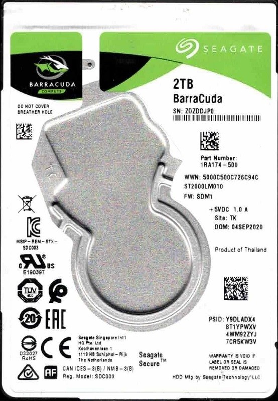 ST2000LM010 P/N: 1RA174-500 F/W: SDM1 TK ZDZD SEP 2020 Seagate BarraCuda 2TB