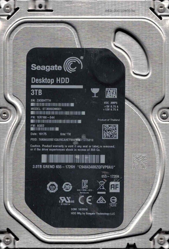 ST3000DM001 P/N: 1ER166-044 F/W: AQ03 TK ZA50 MAC 655-1726F 10/2018 Seagate 3TB