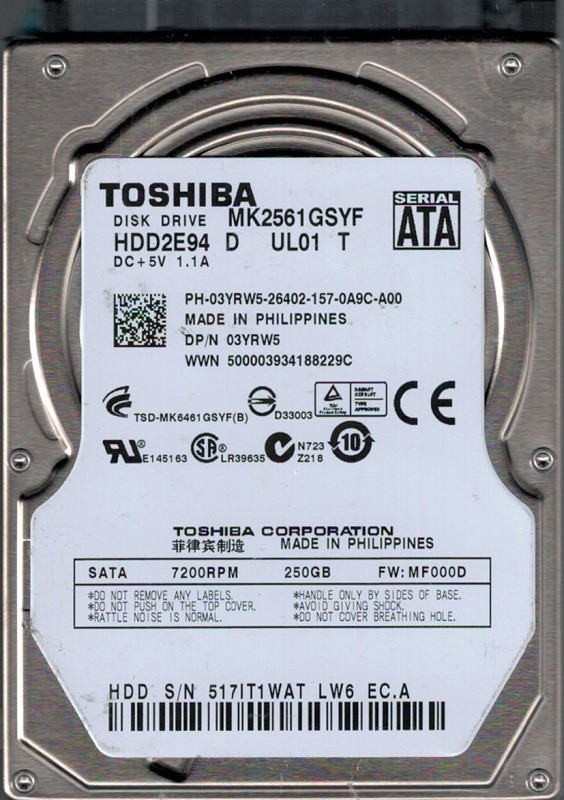 MK2561GSYF HDD2E94 D UL01 T F/W: MF000D Toshiba 250GB