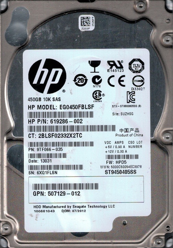 ST9450405SS P/N: 9TF066-035 450GB 10K SAS FW: HPD5 SUZHSG 6XQ HP EG0450FBLSF