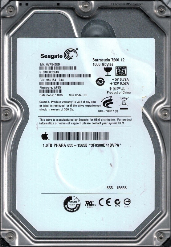 ST31000528AS P/N: 9SL154-044 F/W: AP25 SU 6VP MAC 655-1565B Seagate 1TB