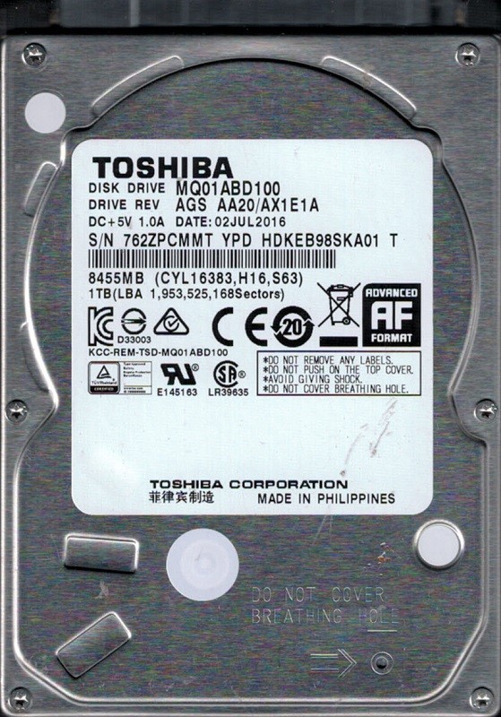 MQ01ABD100 AGS AA20/AX1E1A Philippines Toshiba 1TB 2.5" HDD