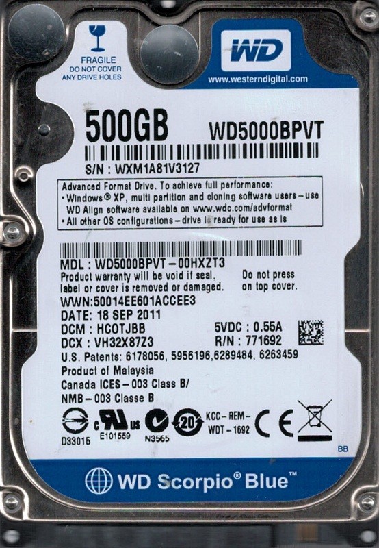 Western Digital WD5000BPVT-00HXZT3 500GB DCM: HCOTJBB WXM1A