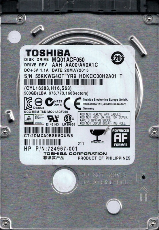MQ01ACF050 AAH AA00/AV0A1C PHILIPPINES Toshiba 500GB