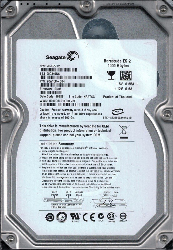 Seagate ST31000340NS F/W: SN06 P/N: 9CA158-304 KRATSG 1TB