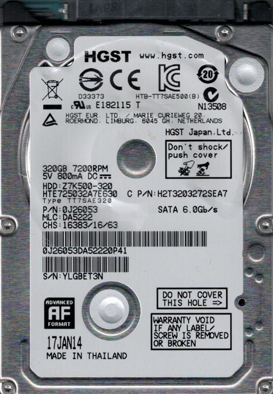 HTE725032A7E630 P/N: 0J26053 MLC: DA5222 Thailand HGST 320GB