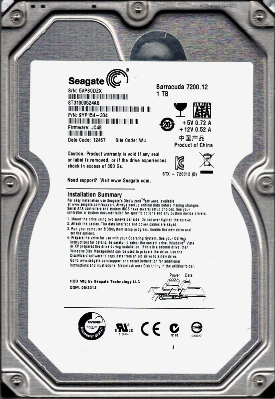 Seagate ST31000524AS 1TB P/N: 9YP154-304 F/W: JC4B WU 5VP