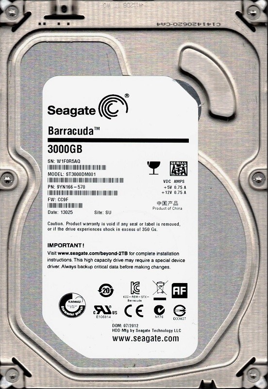 Seagate ST3000DM001 P/N: 9YN166-570 F/W: CC9F W1F 3TB SU Barracuda
