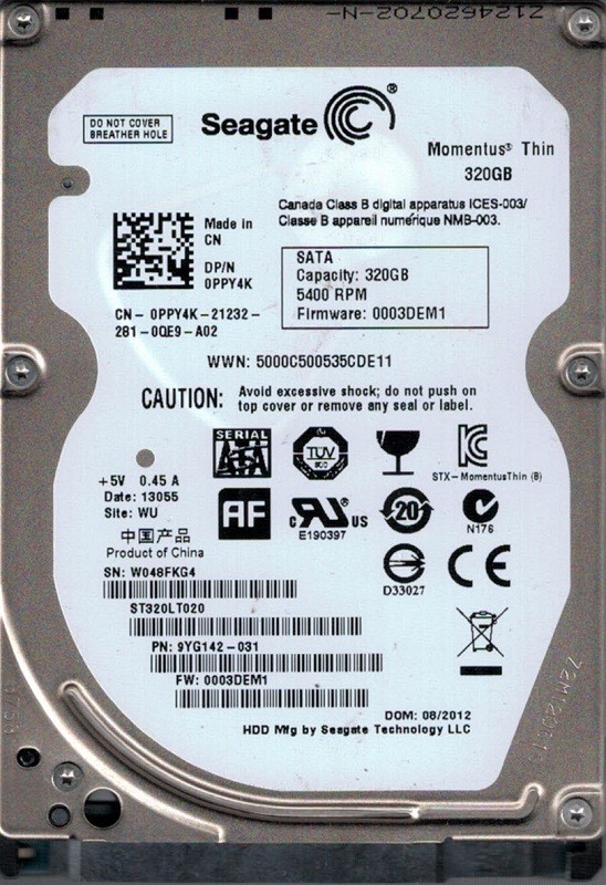 ST320LT020 P/N: 9YG142-031 F/W: 0003DEM1 WU W04 Seagate 320GB