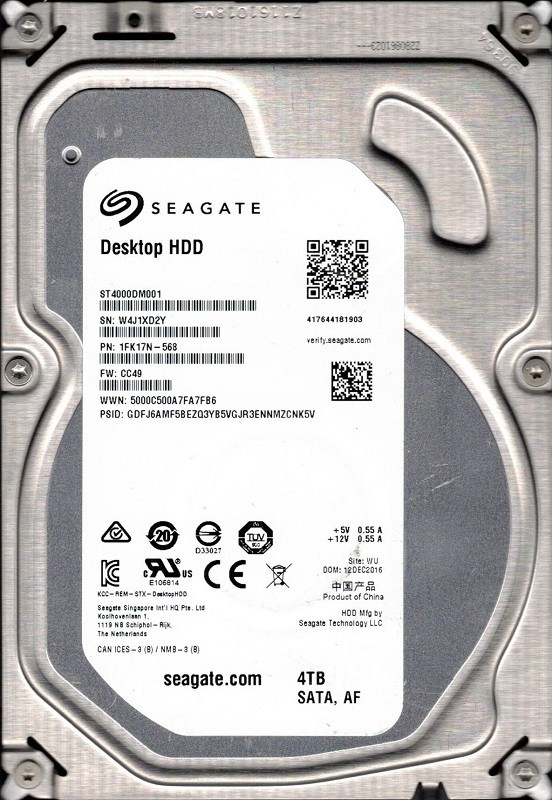 ST4000DM001 P/N: 1FK17N-568 F/W: CC49 WU W4J Seagate 4TB