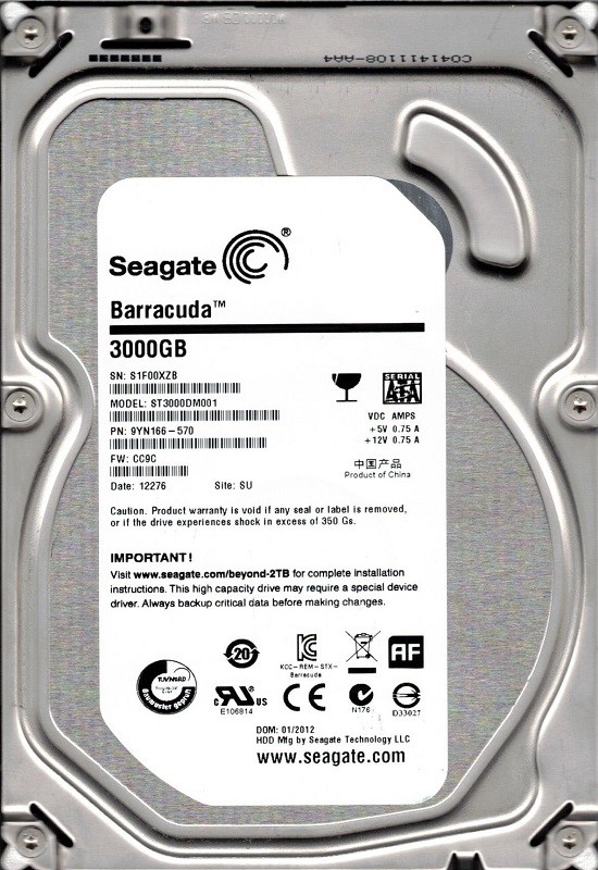 Seagate ST3000DM001 P/N: 9YN166-570 F/W: CC9C 3TB SU S1F0