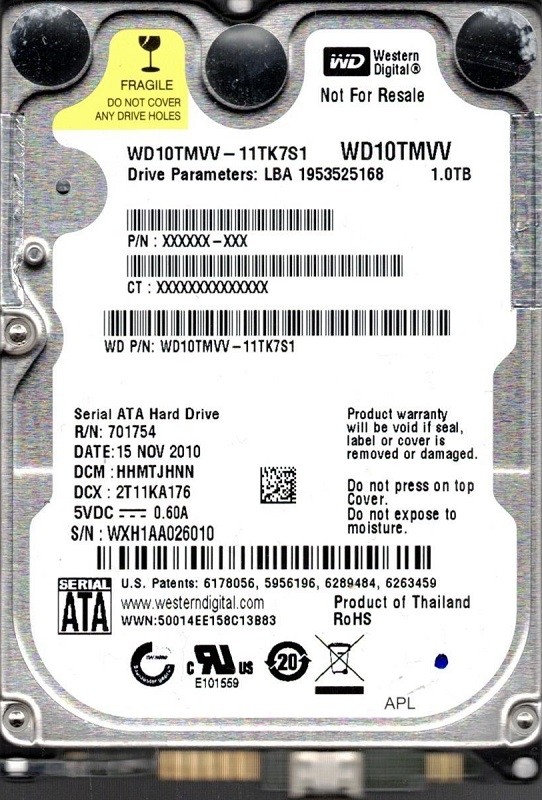 Western Digital WD10TMVV-11TK7S1 USB 2.0 1TB DCM: HHMTJHNN WXH1A
