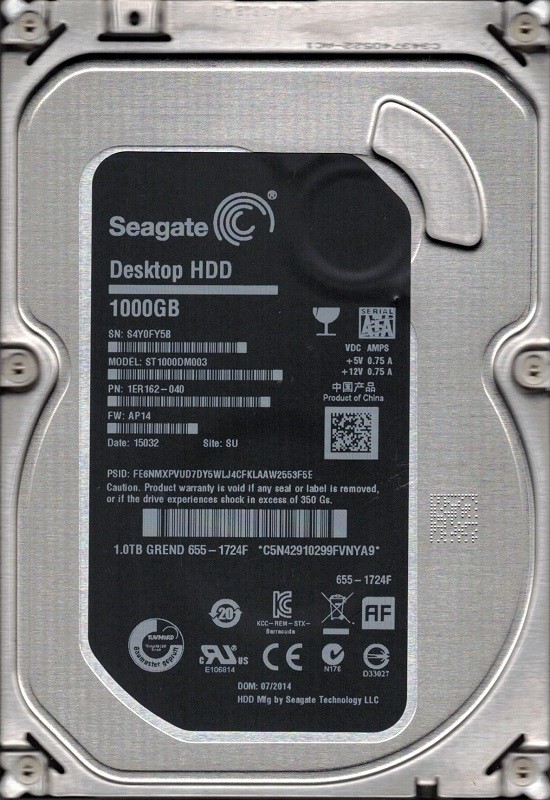 Seagate ST1000DM003 P/N: 1ER162-040 F/W: AP14 SU S4Y MAC 655-1724F 