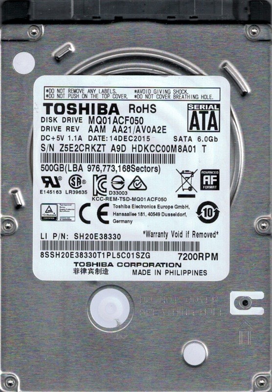 MQ01ACF050 AAM AA21/AV0A2E Toshiba 500GB