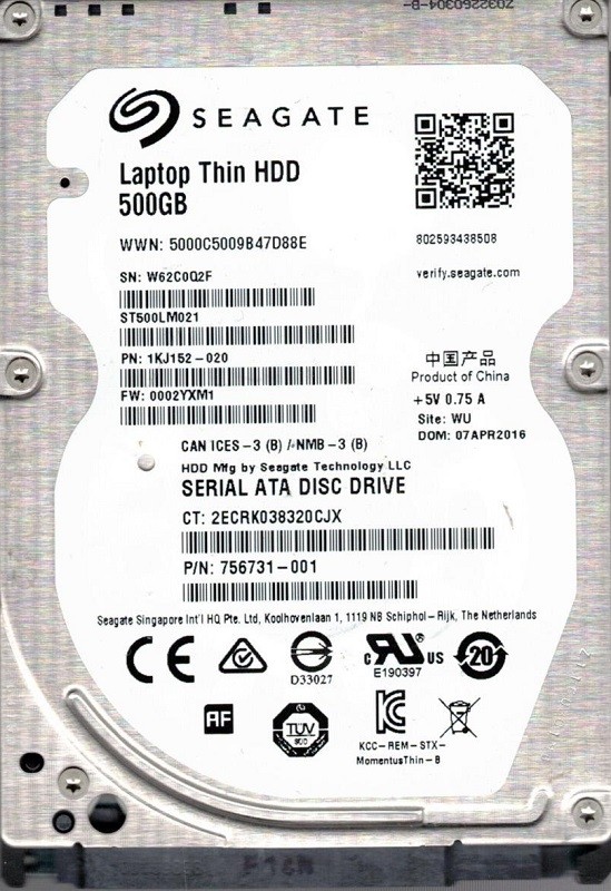ST500LM021 P/N: 1KJ152-020 F/W: 0002YXM1 WU W62 Seagate 500GB Laptop Thin HDD