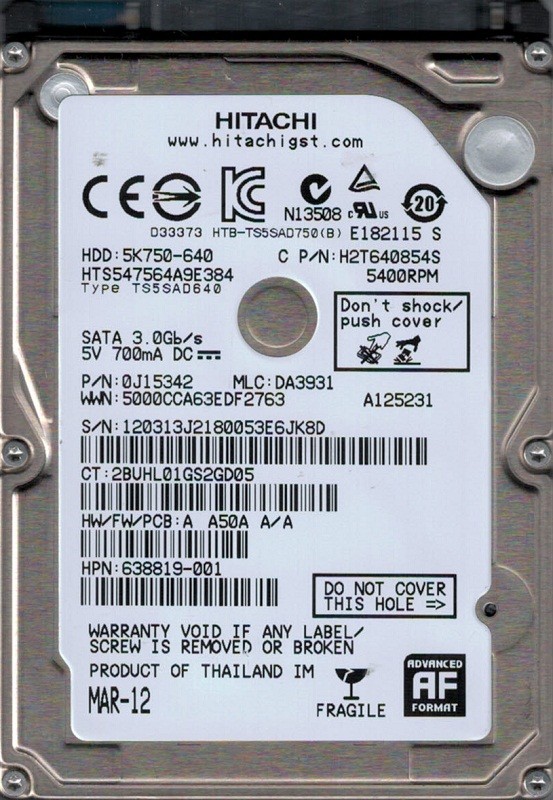 HTS547564A9E384 P/N: 0J15342 MLC: DA3931 Thailand Hitachi 640GB