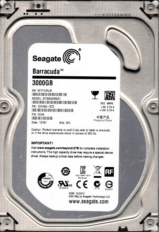 ST3000DM001 P/N: 1CH166-572 F/W: CC44 WU W1F1 Seagate 3TB Desktop Hard Drive