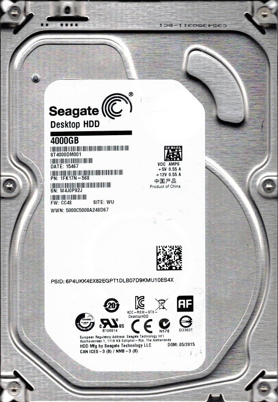 ST4000DM001 P/N: 1FK17N-568 F/W: CC48 WU W4J0 Seagate 4TB