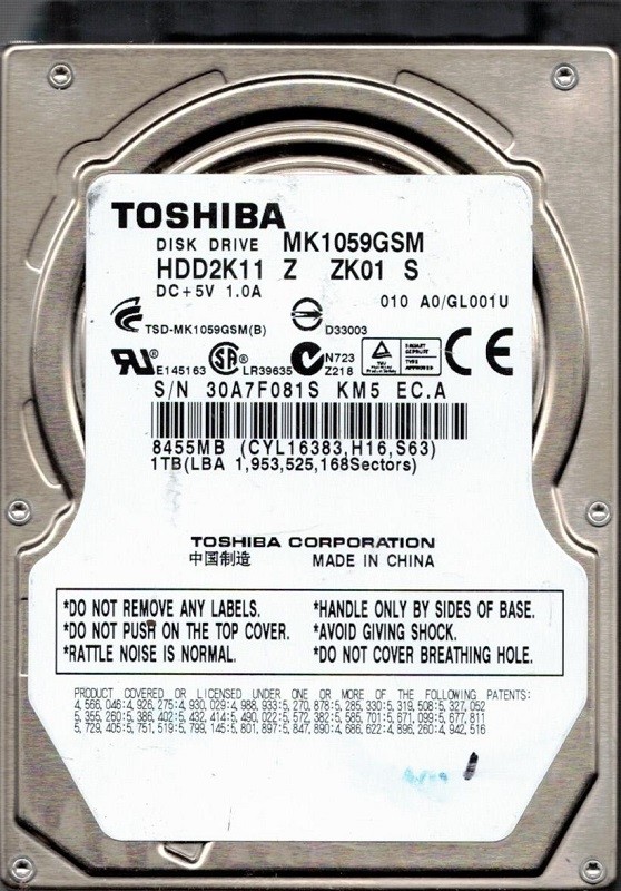 Toshiba MK1059GSM 1TB HDD2K11 Z ZK01 S F/W: A0/GL001U CHINA