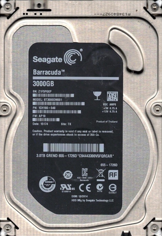 ST3000DM001 P/N: 1CH166-048 F/W: AP19 TK Z1F APPLE P/N: 655-1726D Seagate 3TB