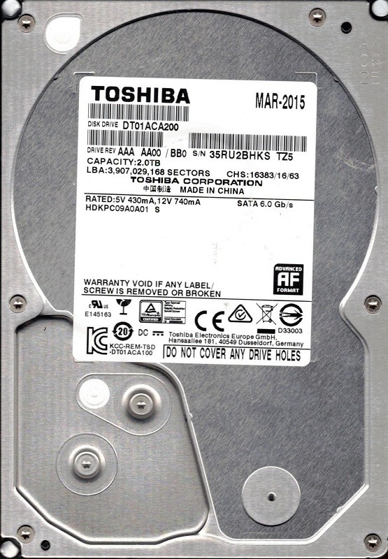 DT01ACA200 HDKPC09A0A01 S AAA AA00/BB0 MAR 2015 Toshiba 2TB