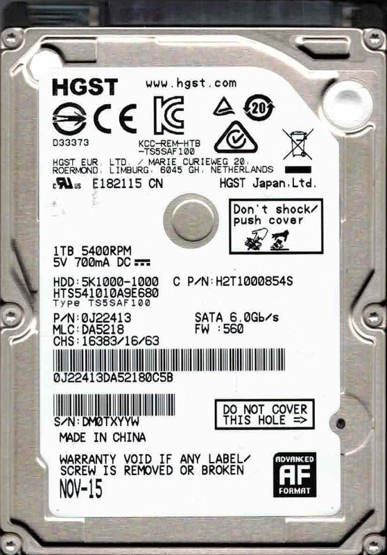 HTS541010A9E680 MLC: DA5218 P/N: 0J22413 CHINA NOV 2015 HGST 1TB