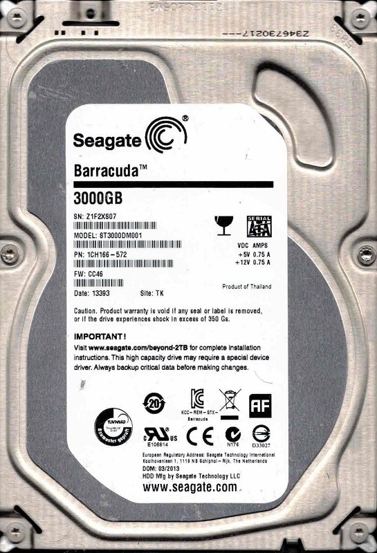 ST3000DM001 F/W: CC46 P/N: 1CH166-572 TK Z1F2 03/2013 Seagate 3TB