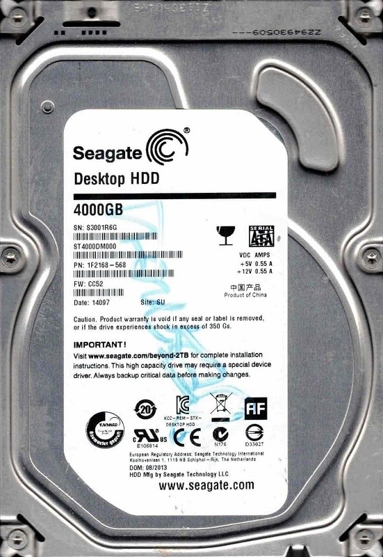 ST4000DM000 P/N: 1F2168-568 F/W: CC52 SU S300 08/2013 Seagate 4TB