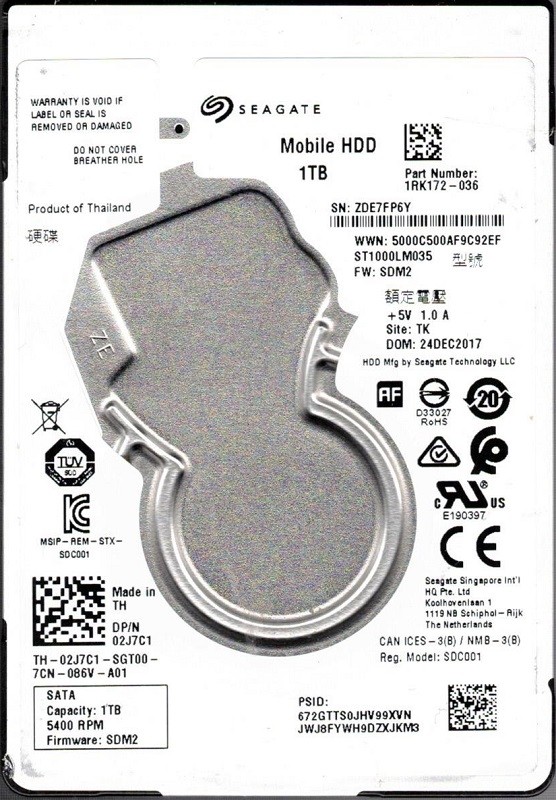 ST1000LM035 P/N: 1RK172-036 F/W: SDM2 TK ZDE Seagate 1TB