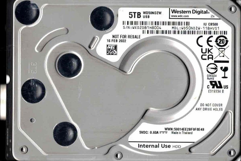 WD50NDZW-11BHVS1 WXD2D FEB 2022 Western Digital 5TB USB 2.5" Hard Drive