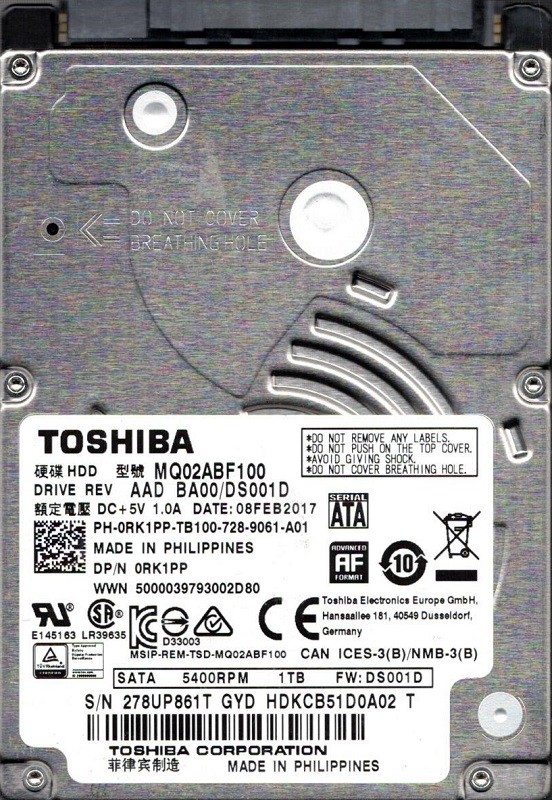 Toshiba MQ02ABF100 1TB AAD BA00/DS001D HDKCB51D0A02 T PHILIPPINES
