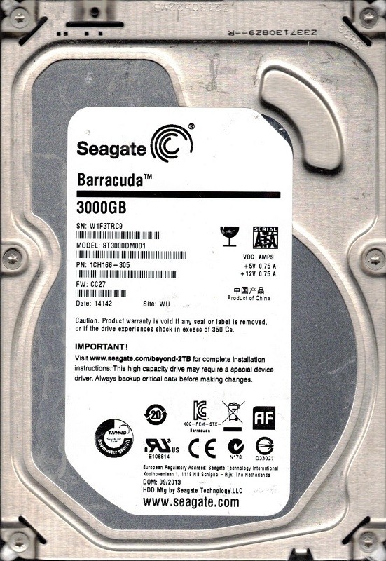 ST3000DM001 P/N: 1CH166-305 F/W: CC27 WU W1F Seagate Barracuda 3TB