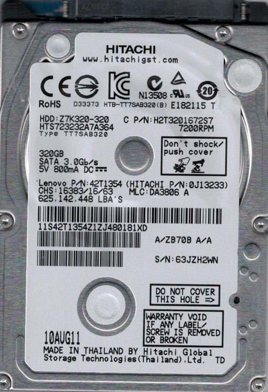 Hitachi HTS723232A7A364 MLC: DA3806 P/N: 0J13233 320GB Thailand