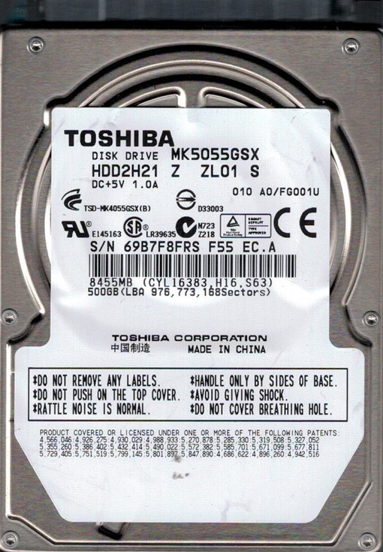 Toshiba MK5055GSX HDD2H21 Z ZL01 S 500GB CHINA F/W: A0/FG001U