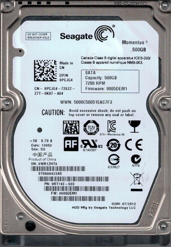 ST9500423AS P/N: 9RT143-033 F/W: 0005DEM1 SU 6WR Seagate 500GB