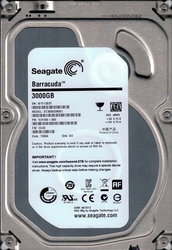 Seagate ST3000DM001 F/W: CC43 P/N: 1CH166-300 3TB SU W1F